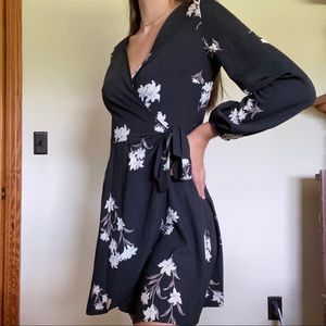 Black floral print wrap dress